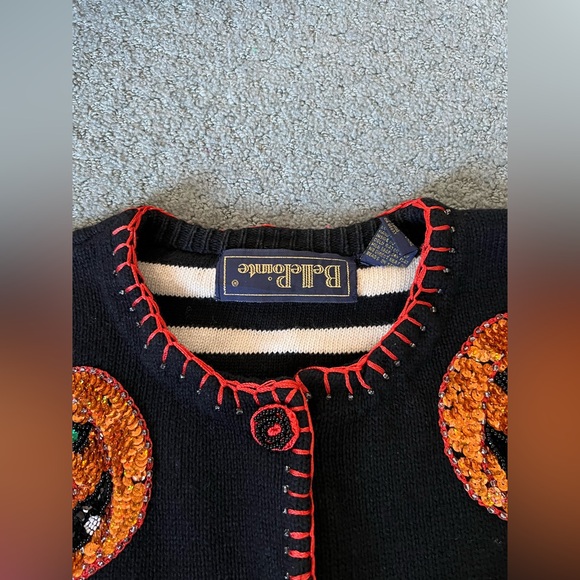 Belle Pointe M Halloween Cardigan Sweater Sequin Pumpkin Beetlejuice vintage - Picture 6 of 8